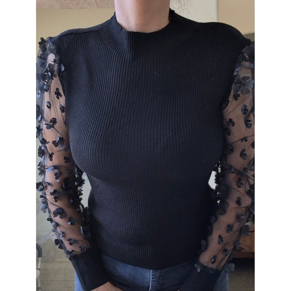 Almost Famous, Ribbed, Mock Sweater, with 3D Floral Mesh Sleeves - Picture 4 of 16